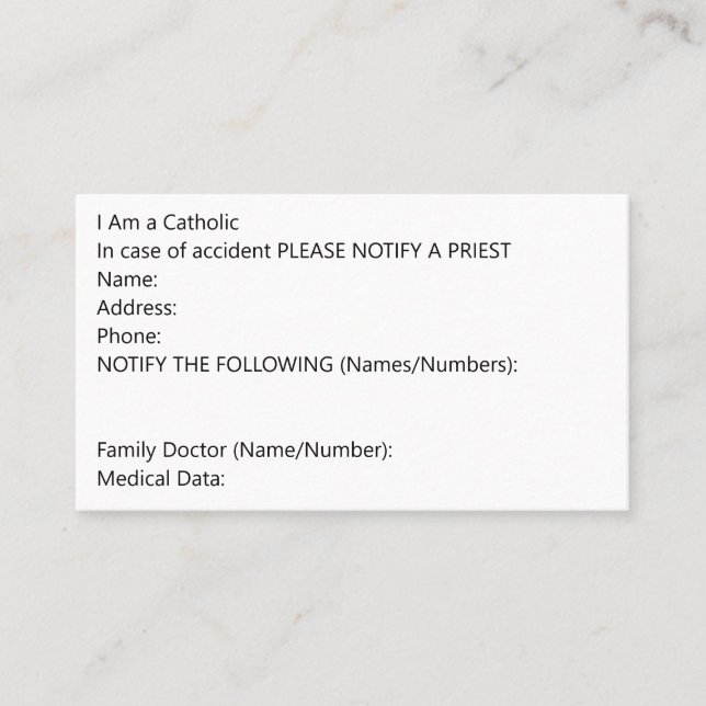 Notfalldatenkarte Visitenkarte (Vorderseite)