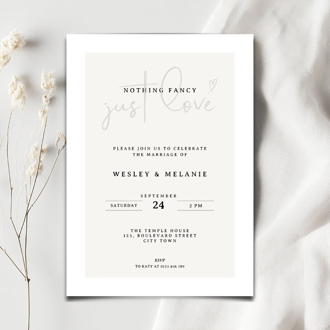 Nothing Fancy Just Love Beige Elegant Wedding Einladung (Nothing fancy just love minimalist wedding invitation)