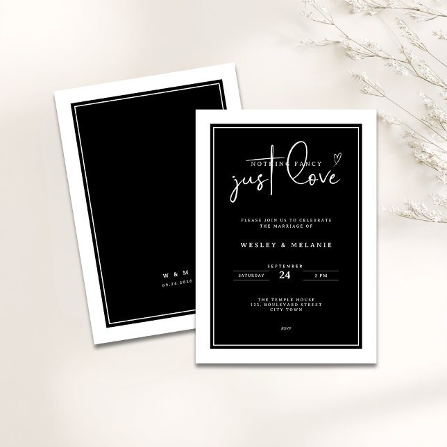 Nothing Fancy Just Love Black Elegant Wedding Einladung (Nothing fancy just love minimalist wedding invitation in black and white colors)