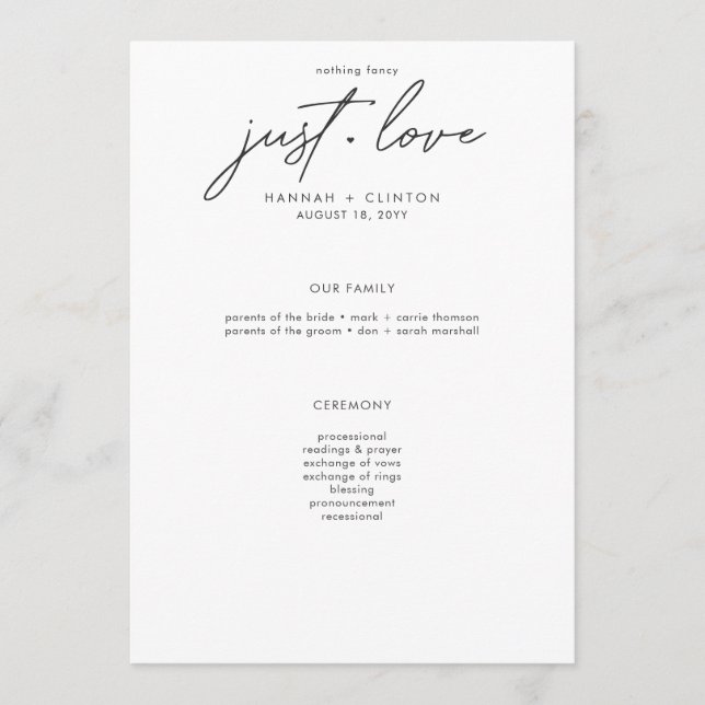 Nothing Fancy Just Love Minimalist Wedding Programm (Vorderseite)
