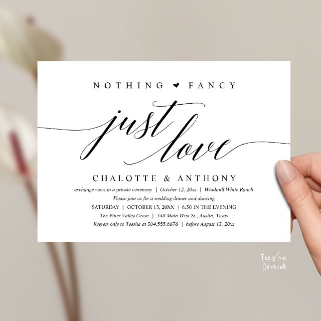 Nothing Fancy, Just Love, Modern Classy Reception Einladung (Modern Classy Nothing Fancy, Just Love, Wedding Reception Dinner Invitation Card in Black and White)