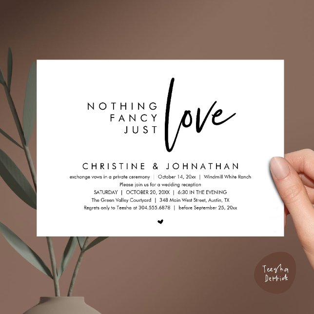 Nothing Fancy, Just Love, Modern Wedding Reception Einladung (Nothing Fancy, Just Love, Modern Wedding Reception Dinner Lunch Brunch Invitation Card Black White)