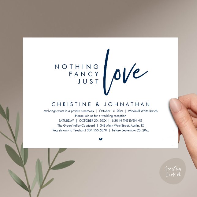 Nothing Fancy, Just Love, Modern Wedding Reception Einladung (Nothing Fancy, Just Love, Modern Wedding Reception Dinner Lunch Brunch Invitation Card in Navy Blue)