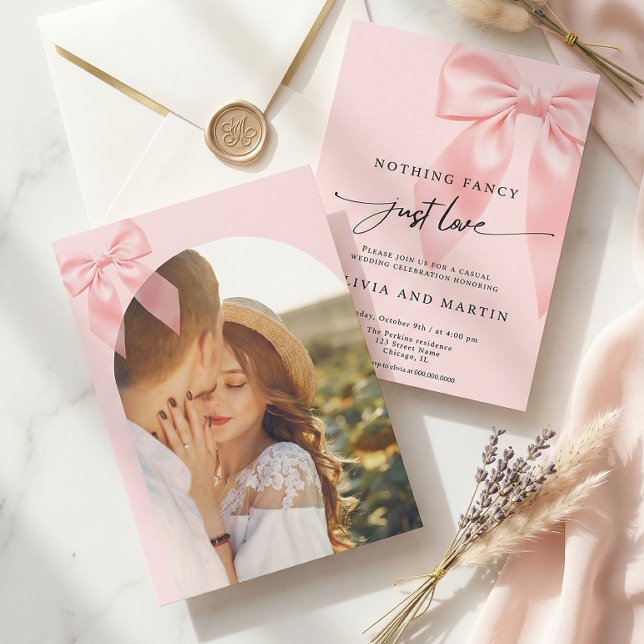 Nothing Fancy Just Love Pink Bow Photo Wedding Einladung (Von Creator hochgeladen)