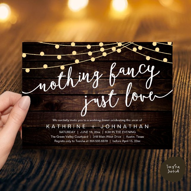 Nothing Fancy, Just Love, Wedding Reception Dinner Einladung (Nothing Fancy, Just Love, Wedding Reception Dinner Invitation Card String Lights Brown Wood)