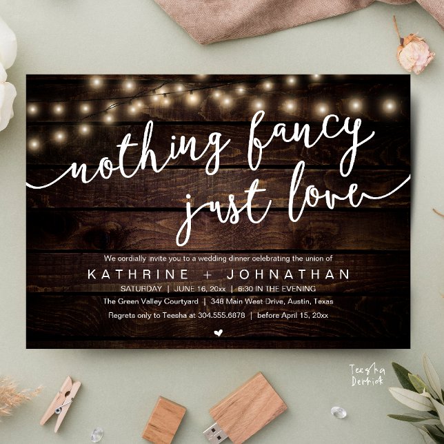 Nothing Fancy, Just Love, Wedding Reception Dinner Einladung (Nothing Fancy, Just Love, Wedding Reception Dinner Invitation Card String Lights Brown Wood)