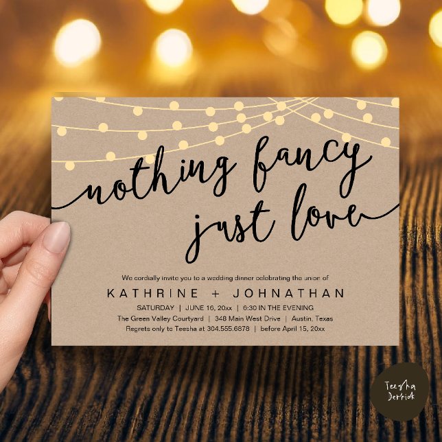 Nothing Fancy, Just Love, Wedding Reception Dinner Einladung (Nothing Fancy, Just Love, Wedding Reception Dinner Invitation Card String Lights Brown Kraft)