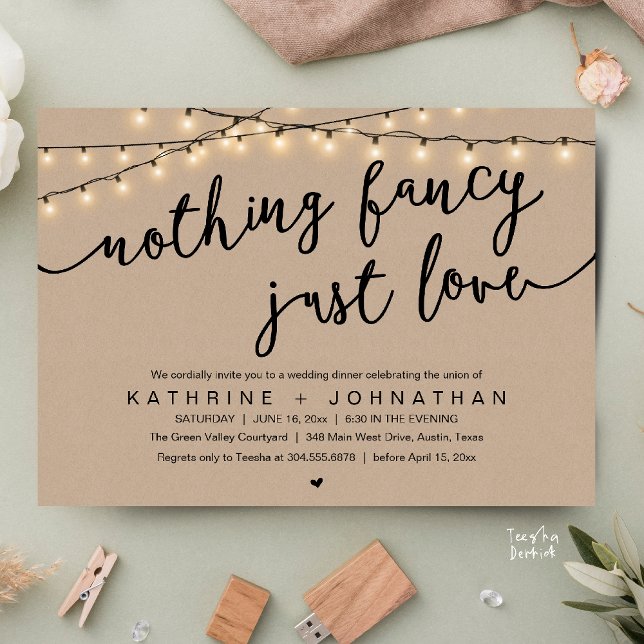 Nothing Fancy, Just Love, Wedding Reception Dinner Einladung (Nothing Fancy, Just Love, Wedding Reception Dinner Invitation Card String Lights Brown Kraft)