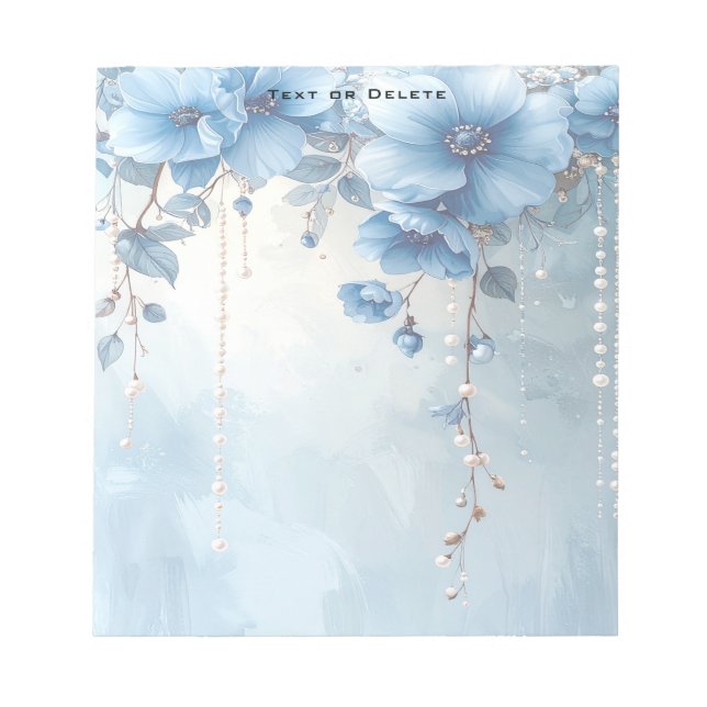 Notizblock Blaue Blumen und Perlen (Vorderseite)