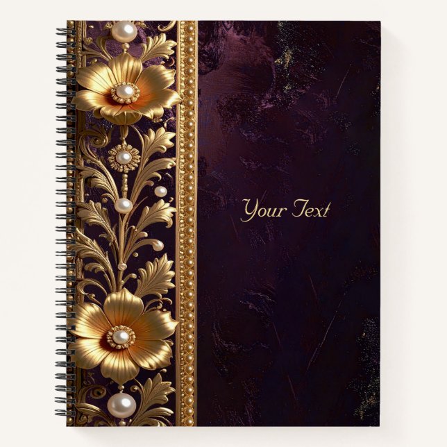 Notizbuch mit goldenem Blumenschmuck und Perlen (Vorderseite)