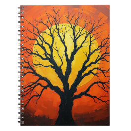 Notizbuch mit kahlen Baum im Schatten bei Sonnenun Notizblock