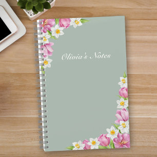 Notizbuch mit rosa Tulpen und Osterglocken