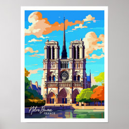 Notre Dame France Travel Vintag Illustration Poster