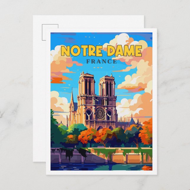 Notre Dame France Vintage Illustration Postkarte (Vorne/Hinten)