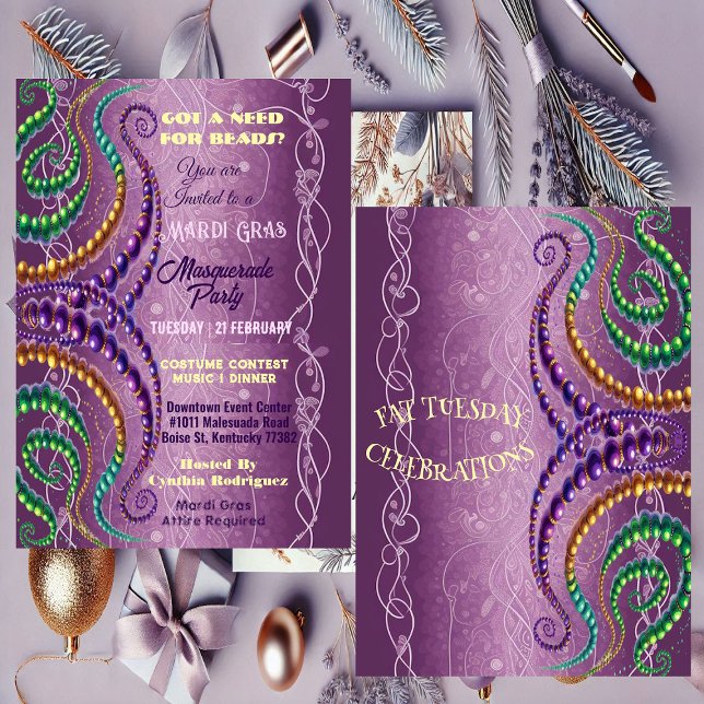 Notwendigkeit für Beads Mardi Gras Lila Masquerade Einladung (Need for Beads Mardi Gras Purple Masquerade Party Invitation)