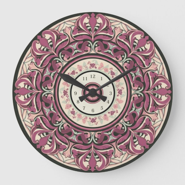 Nouveau Floral Mandala Wall Clock Große Wanduhr (Vorderseite)