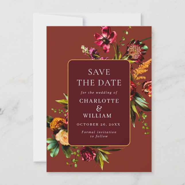 Nouveau Garden Blume Hochzeit QR-Code Save The Date (Vorderseite)