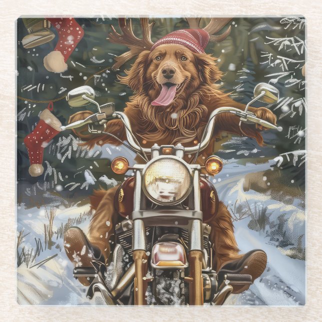 Nova Scotia Dog Riding Motorrad Weihnachten Glasuntersetzer (Vorderseite)