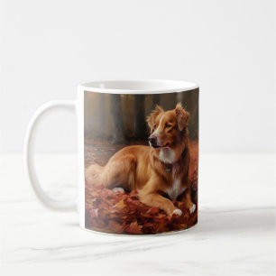 Nova Scotia Duck Terrier im Herbstlaub fällt Kaffeetasse