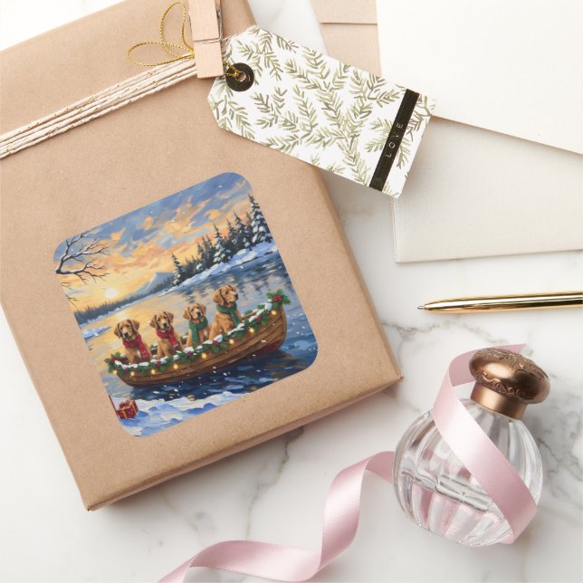 Nova Scotia Duck Tolling Retriever Christmas Boat  Quadratischer Aufkleber (Schenken)