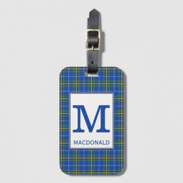 Nova Scotia Tartan Bright Blue Kariert Monogram Gepäckanhänger (Vorderseite Vertikal)
