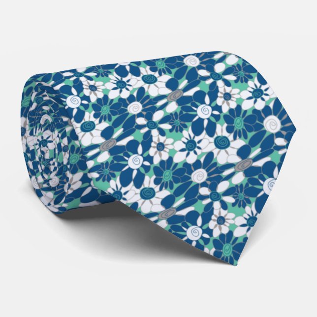 Novelty Aquamarin und Blue Floral Neck Tie Krawatte (Gerollt)