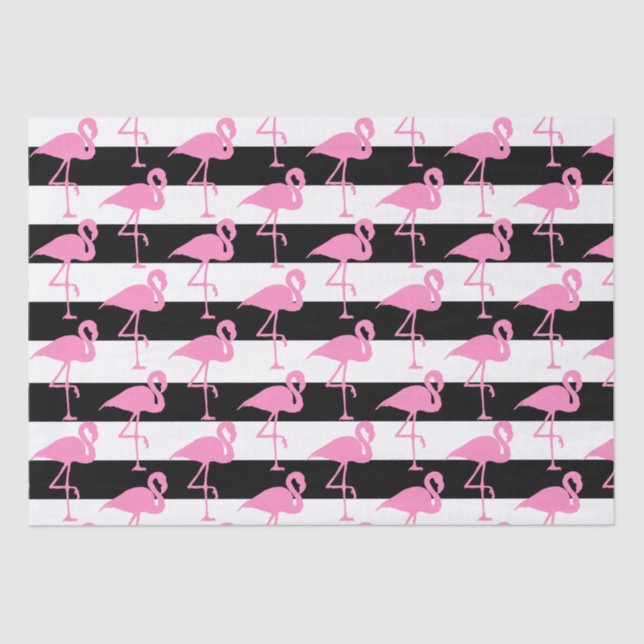 Novelty Pink Flamingos auf Schwarz und Weiß gestre Seidenpapier (Vorderseite)