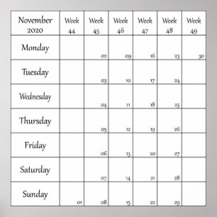 November 2020 Planerkalender mit Wochennummer Poster
