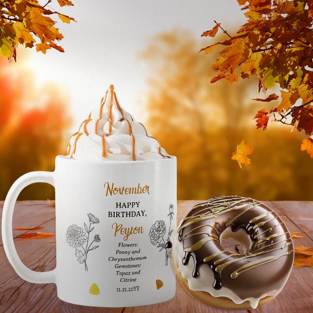 November Chrysanthemum Peony Birthday Keepake Kaffeetasse (November Floral and Birthstone Birthday Keepsake Coffee Mug)