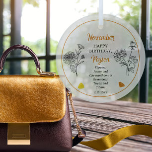 November Chrysanthemum Peony Birthday Keepake Ornament Aus Glas