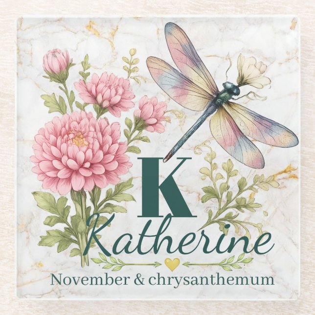 November-Geburtsblume Chrysantheme & Libelle Glasuntersetzer (Vorderseite)