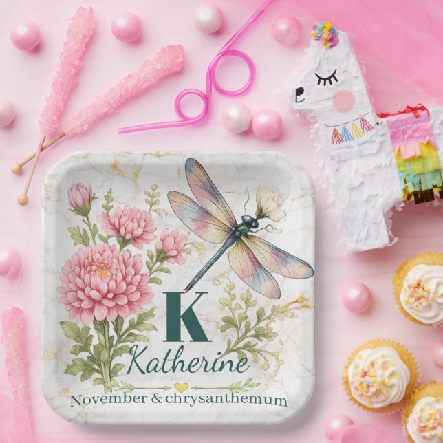 November-Geburtsblume Chrysantheme & Libelle Pappteller (Party)