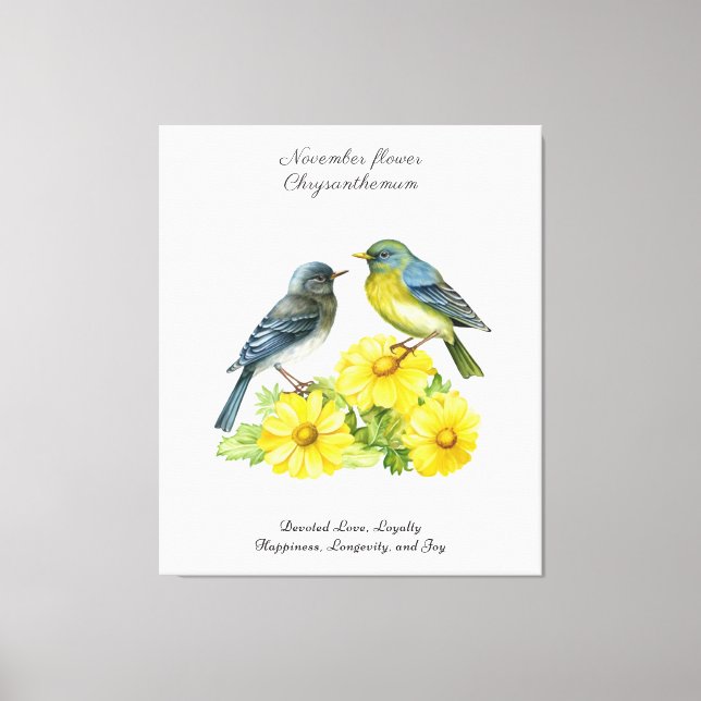 November Geburtsmonat Blume Chrysanthemum Birds Leinwanddruck (Vorderseite)