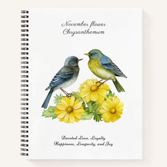 November Geburtsmonat Blume Chrysanthemum Birds Notizbuch (Vorderseite)