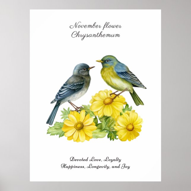November Geburtsmonat Blume Chrysanthemum Birds Poster (Vorne)