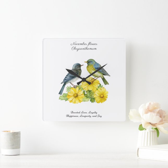 November Geburtsmonat Blume Chrysanthemum Birds Quadratische Wanduhr (Zuhause)