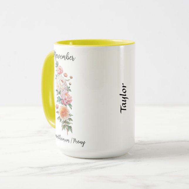 November Geburtstag Blume Chrysanthemum und Peony Tasse (Vorderseite Links)