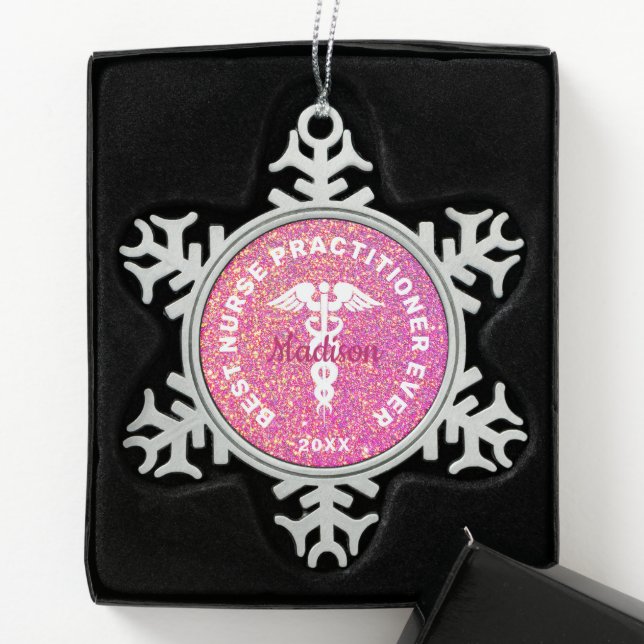 NP-Abschluss Pink für Krankenpfleger Schneeflocken Zinn-Ornament (Box)
