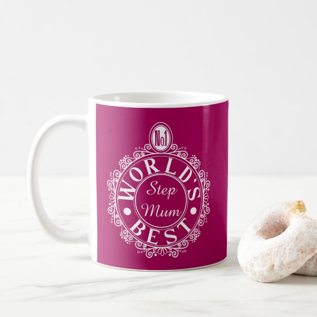 Nr.1 Weltbestes Stepmum-Emblem Weiß auf Kirsche Kaffeetasse (Mit Donut)