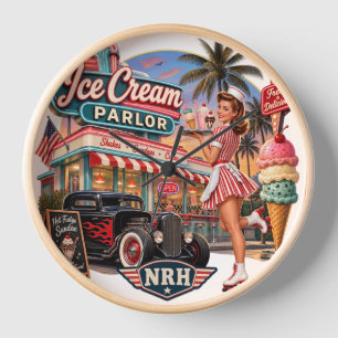 NRH Eisdiele Vintage 1950er Jahre Americana Wanduh Uhr