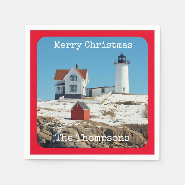 Nubble Frohe Weihnachts-RotfamilienLeuchtturm Serviette (Vorderseite)