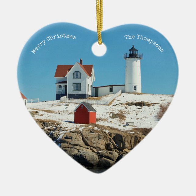 Nubble Lighthouse Family Foto Keramik Ornament (Vorne)