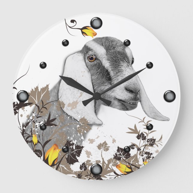 Nubian Goat Sketch Floral Wall Clock Große Wanduhr (Vorderseite)