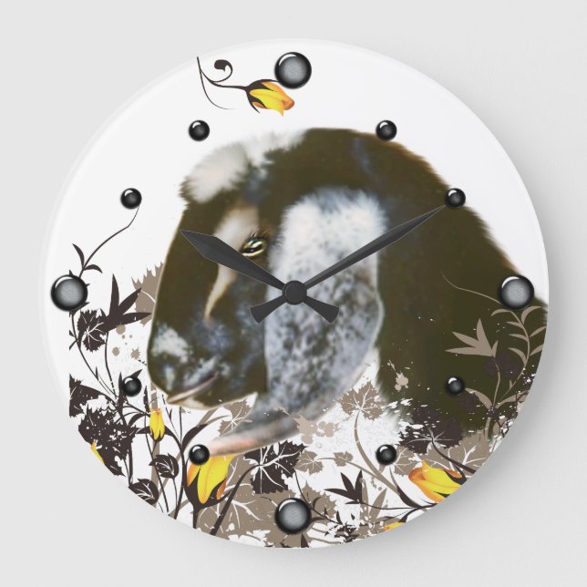 Nubian Ziege Portrait Malerei Blumenwall Uhr (Vorderseite)