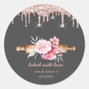 Nudelholz Blumen Roségold Tropfen Bäckerei   Runder Aufkleber