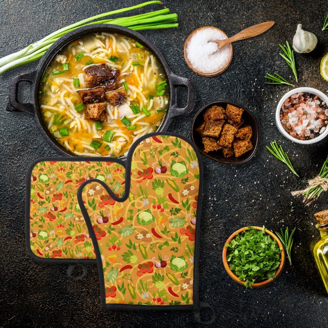 Nudeln und farbiges Gemüse, orange Ofenhandschuh & Topflappen-Set (Von Creator hochgeladen)