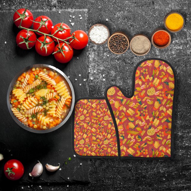 Nudeln und Gemüsesaronen rot Ofenhandschuh & Topflappen-Set (Von Creator hochgeladen)