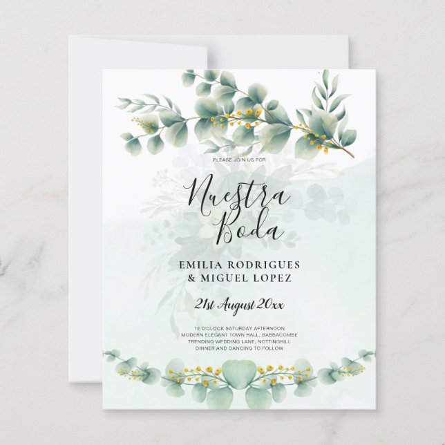 Nuesta Boda Greenery Gold Wedding Einladung (Vorderseite)