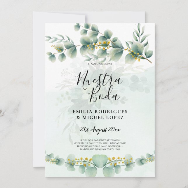 Nuesta Boda Greenery Gold Wedding Einladung (Vorderseite)
