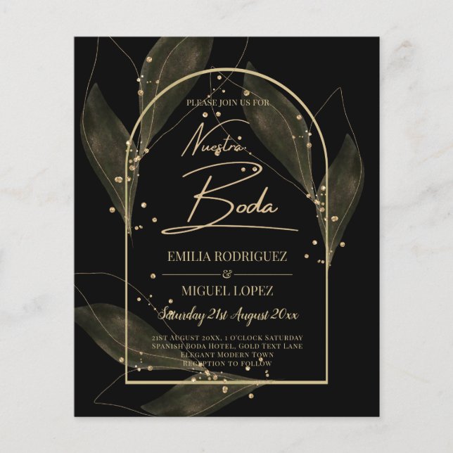 NUESTRA BODA Black Gold Blätter Einladung Hochzeit Flyer (Vorne)